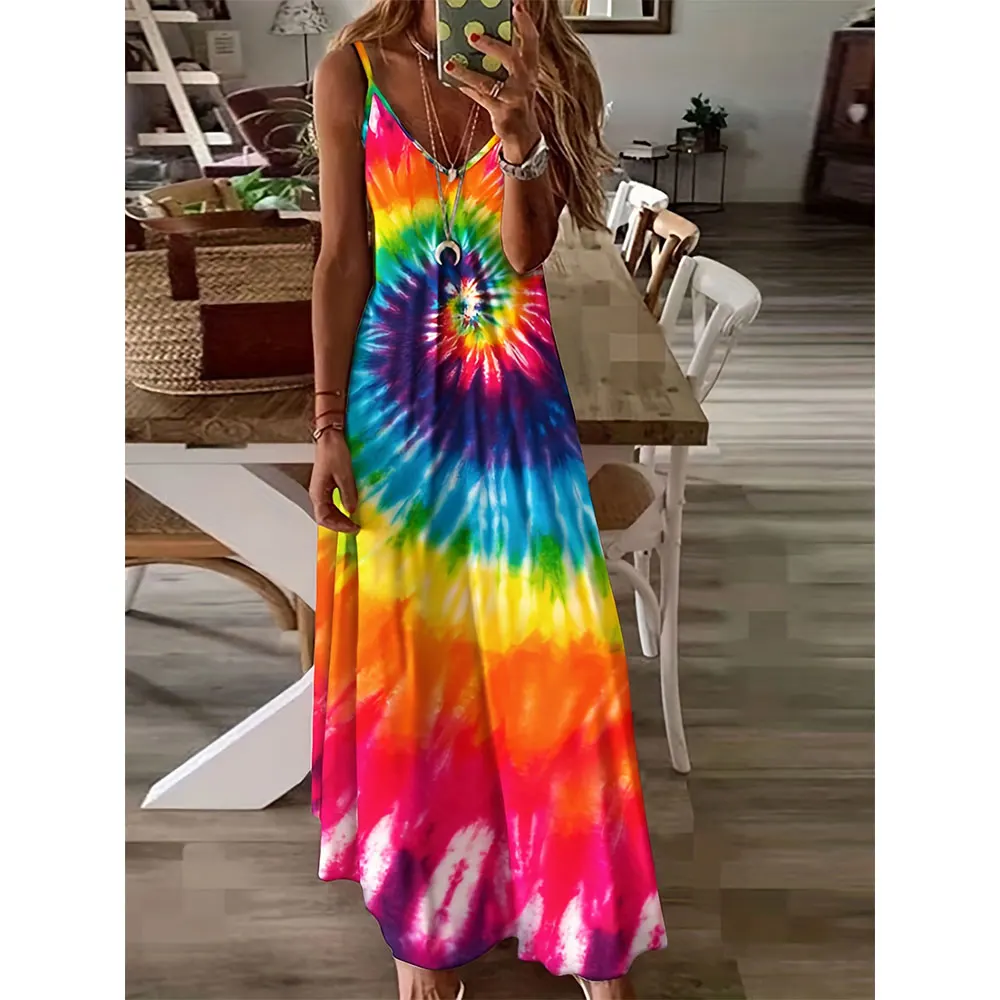 

Women Elegant Dress Fashion Swirl Tie Dye Full-Body Print Dress Women'S Plus Size Loose Slip Dress Hawaii Vacation Casual Dress