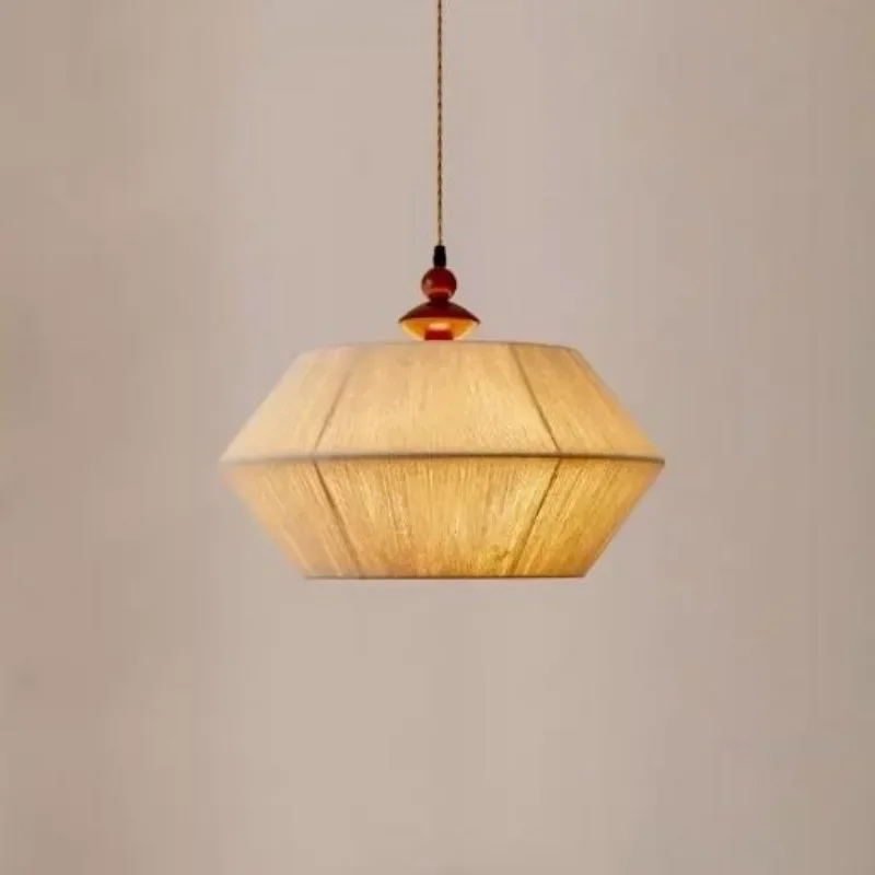 

GHJUYIOL Japanese style bedroom pendant light, solid wood with antique style woven fabric, living room, study, dining room light