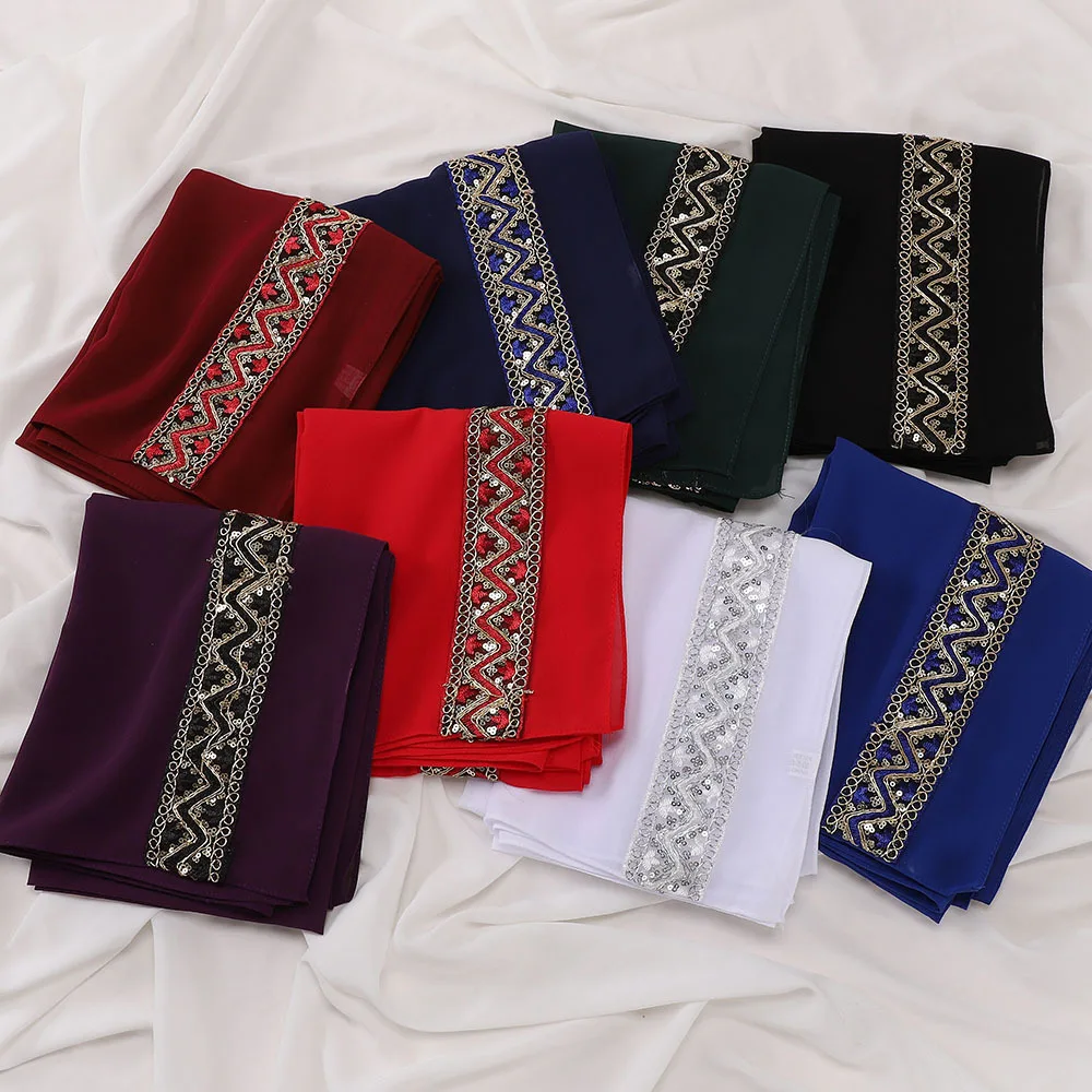 New Pearl Chiffon Embroidered Sequine Headscarf Malay Indonesian Fashion Lace Women Scarf Muslim Hijab Turban Shawls Wrap Stole