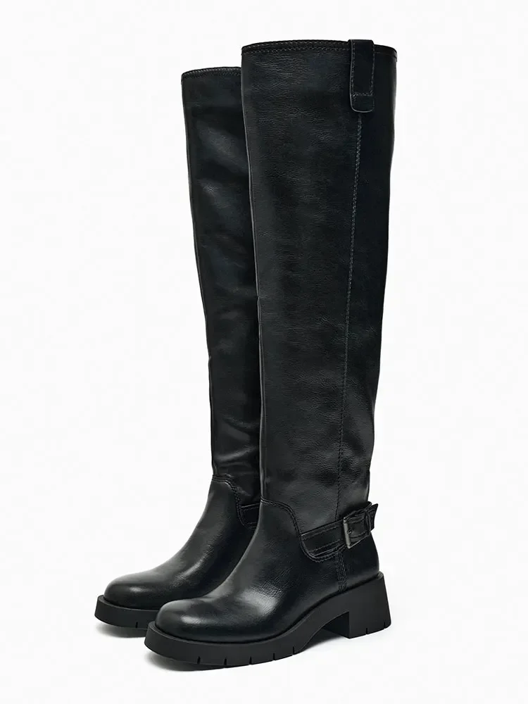 2024 Autumn Winter Women's Knee High Boots New Black Leather Over The Knee Long Boots Women Thick-Soled Platform Knight Botas