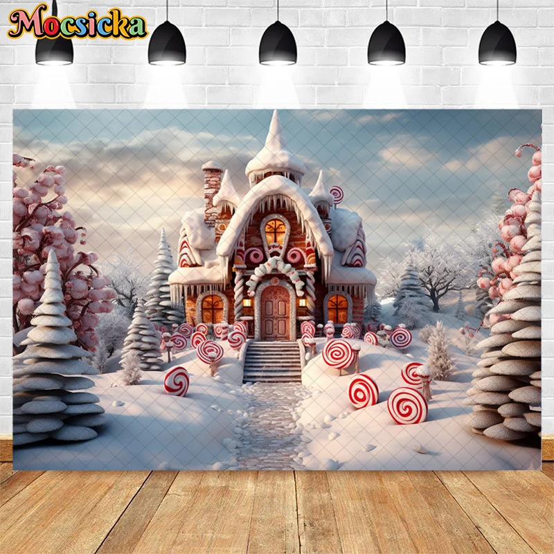 Christmas Candy House Background Photography Winter Xmas Tree Snow Lollipop Decor Kids Portrait Birthday Party Photo Studio