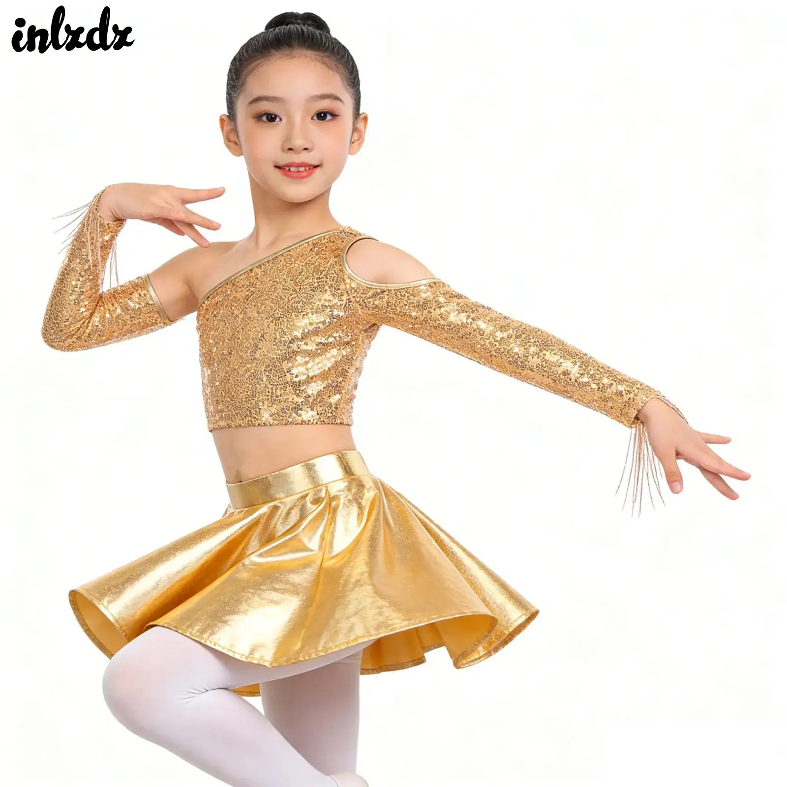

Kids Girls Metallic Shiny Hip Hop Jazz Dance Performance Costume Tassel Sequined Crop Top And High Waist Pleated A-line Skirts