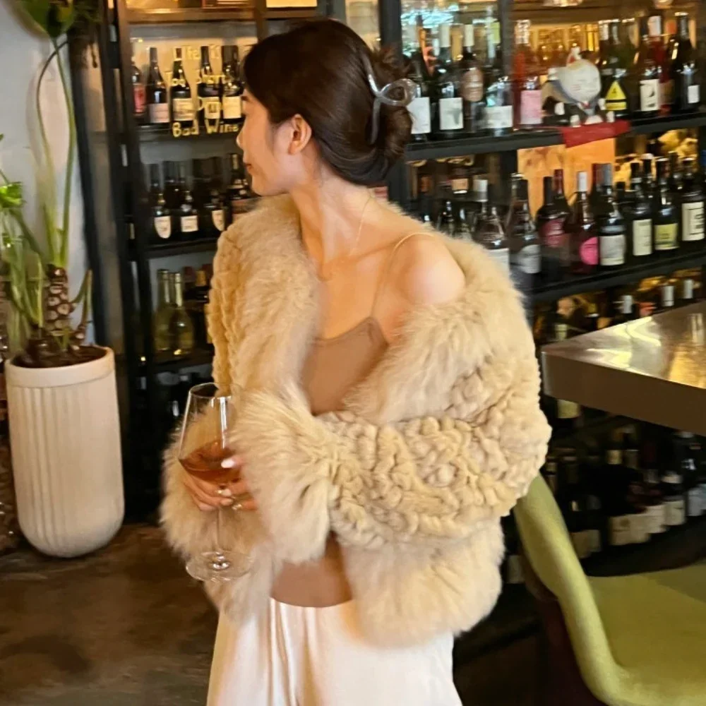 New Women Fur Coat Autumn Winter Knitted Shawl Natural Fox Collar Jacket Knitted Winter Real New Natural Rabbit Fur