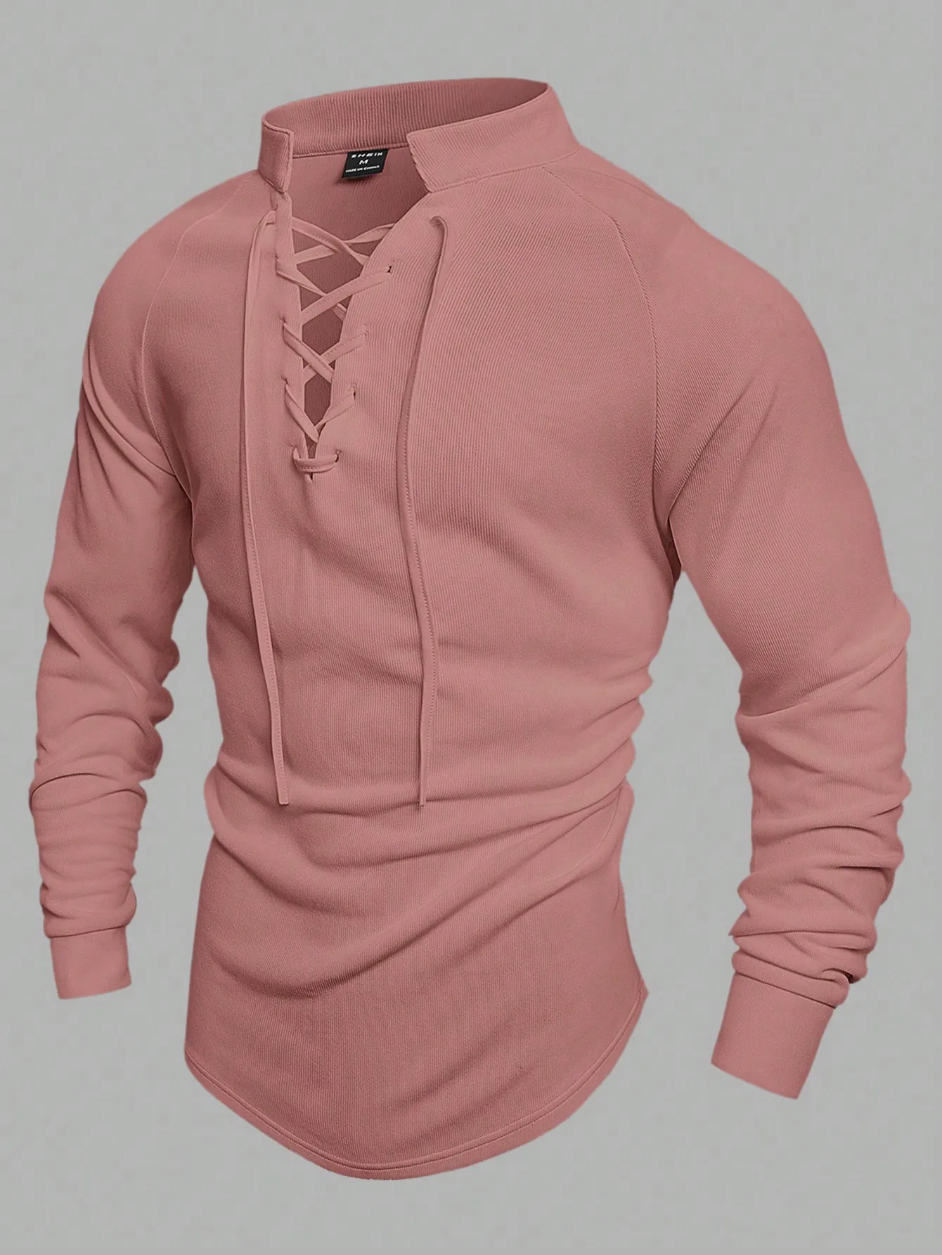 

Мужской однотонный трикотажный топ с длинными рукавами и шнуровкой на горловине для осени и лета