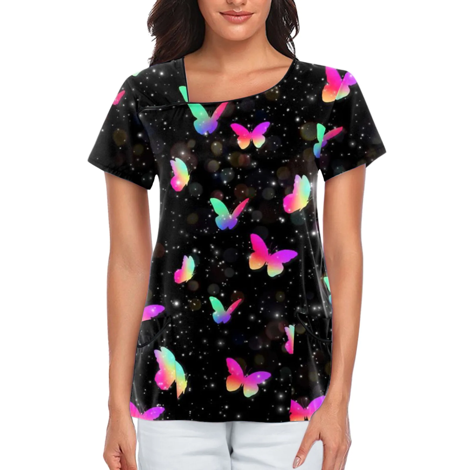 Uniforme de enfermera de manga corta para mujer, ropa de trabajo con cuello en V, uniforme de trabajo con estampado de mariposa, blusa de Enfermería Médica informal de poliéster