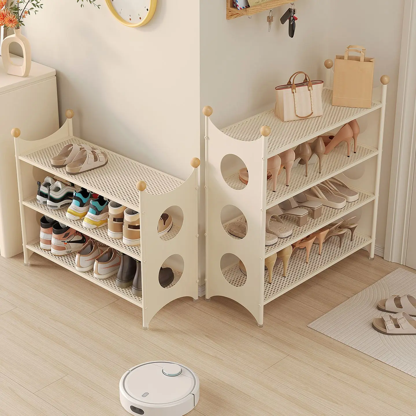 Shoe Rack Cream White Multi-Layer Metal Freestanding Shoe Storage Organizer Hollow Grid Shoe Shelf For Entryway Living Room Home