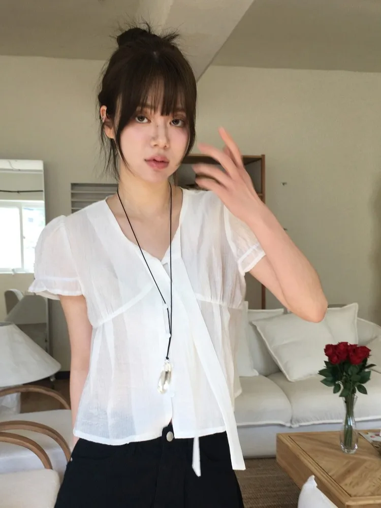 Chic Summer  Age-Defying Micro-Transparent Single-Button Bow Short-Sleeve Women's Shirt Korean Style V-Neck Regular Length