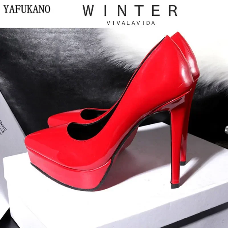 12Cm Womens Pumps European American Style Shallow Mouth Sexy Platform High Heels Stiletto Single Shoes Red Wedding Shoes