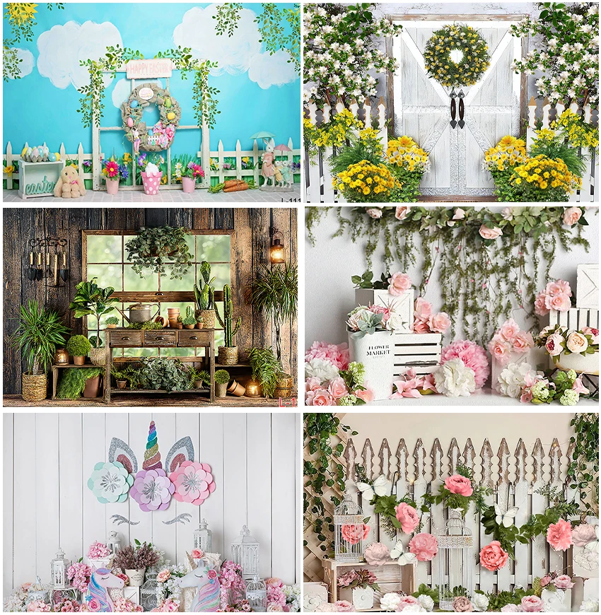 

Spring Theme Backdrops Cabin Plants Floral Photographic Easter Garden Vines Fence Scene Backgrounds Children Pet Portrait Decor