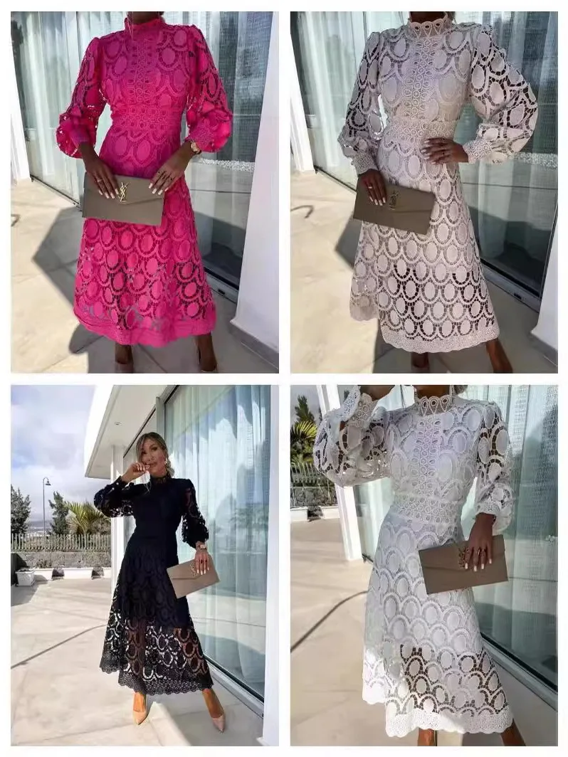 Sexy Lace Standup Collar Cutout Dr Street Sle Splice Midi Long Sve Polyester Summer Faion A-Line Gown without Brand