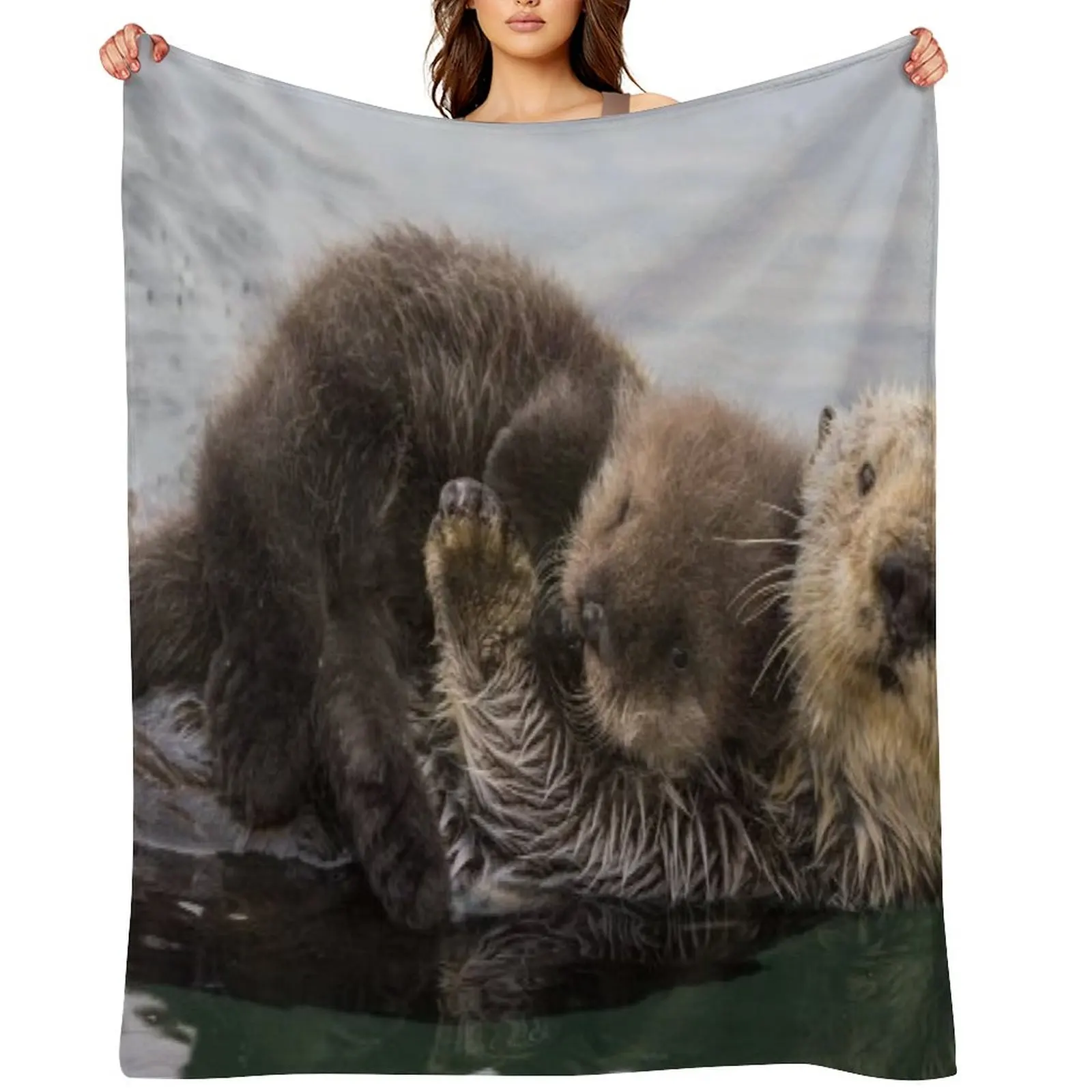 

Sea Otter in water swimming with baby Throw Blanket Luxury Brand Thin Moving Hairy Blankets