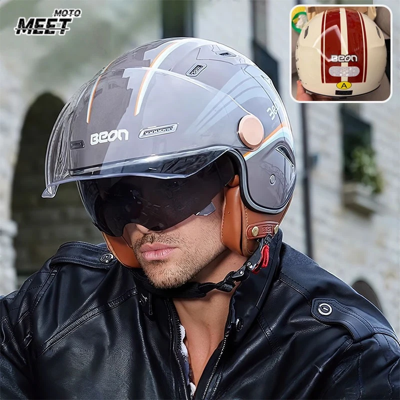 

BEON Retro Motorcycle Helmet ECE2206 Casco De Half 3/4 Dual Visor Capacete De Moto Accessories Cascocascospara Moto