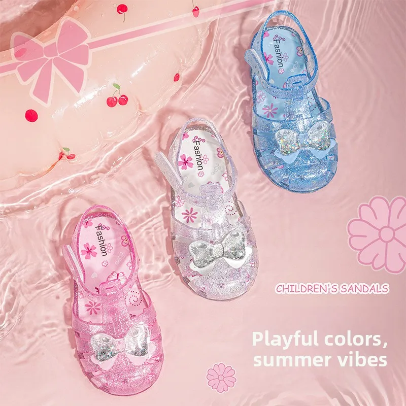 2026 New Summer Children Jelly Princess Bow Sandals Sweet Heart Shaped Girls Toddlers Baby Breathable Hollow Shoes
