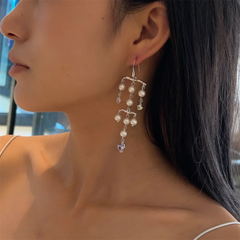 Pearl tassel long earrings unique exaggerated sweet cool girls summer party ear  jewelry