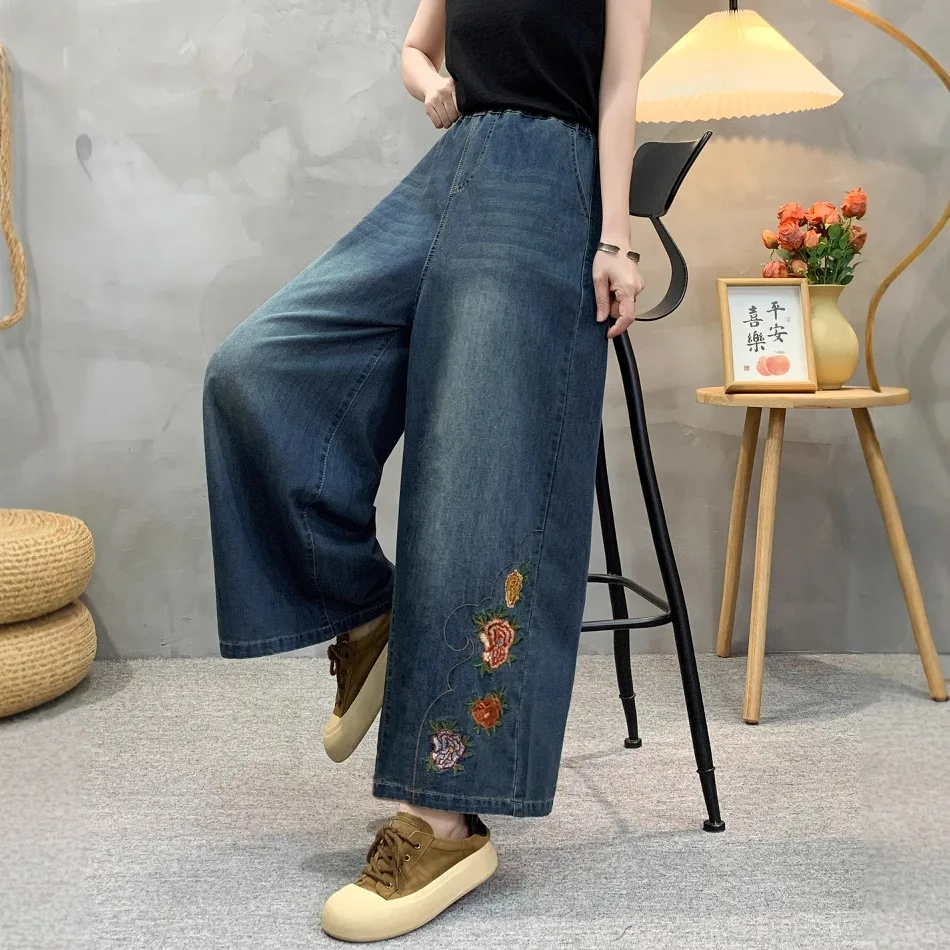 2025年夏新作 デニムコットンジーンズ レディース ウエストゴム 花柄刺繍 モリーガール ヴィンテージ ルーズストレートパンツ B55951CC