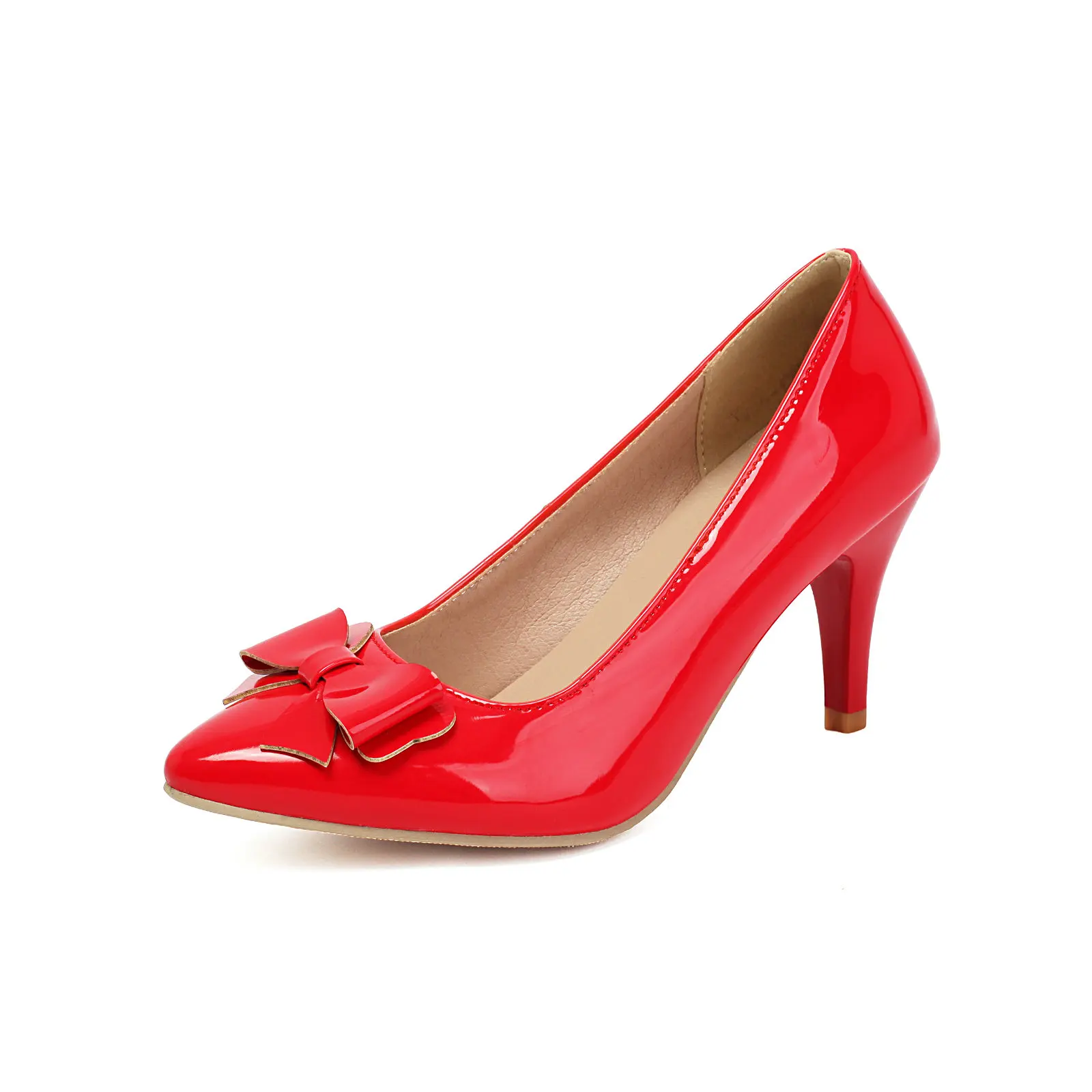 

Women Pumps with Bowknot Patent Leather Size 33-48 Wedding Party Business Work Shoes Pointed Toe Stiletto Heels