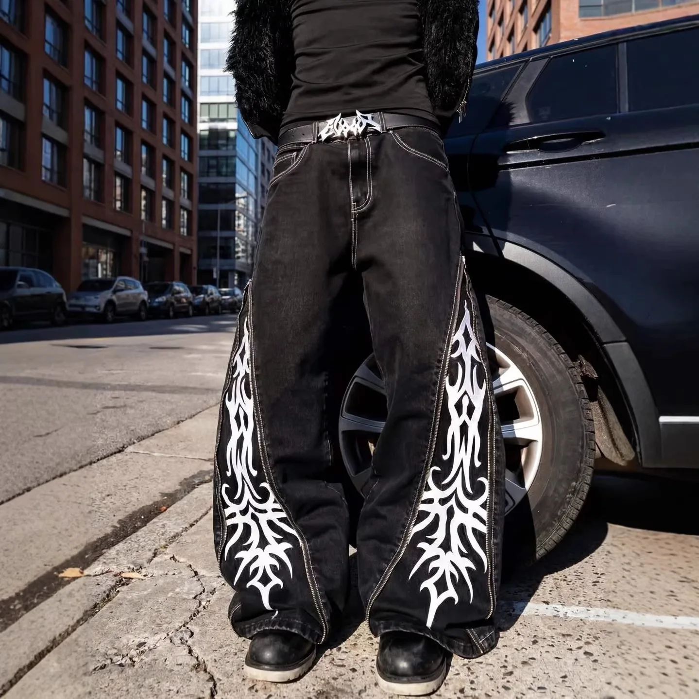 

American Gothic Printed Zipper Spliced Denim Pants for Men Y2k Korean Streetwear Men's Casual Hip-hop Baggy Wide-leg Pants Jeans