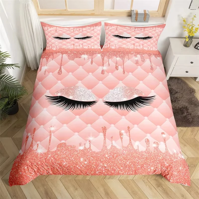 Attractive Long Eyelashes Duvet Cover Full For Girls Teens Glitter Sweet Bedding Set Microfiber Geometric Patchwork Quilt Cover