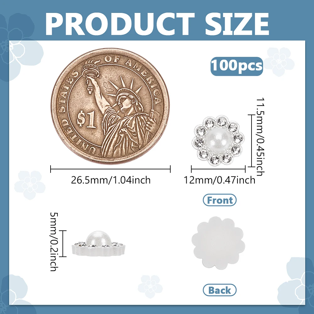 100 PCS Rhinestone Pearl Buttons 0.45x0.47x0.2inch White Flat Back Floral Pearl Buttons Without Hole Plastic Buttons Rhinestone