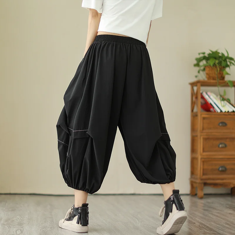 #2944 Summer Black Khaki Cargo Pants Women Multi-pockets Loose Streetwear Wide Leg Pants High Waist Asymmetrical Bloomers Pants