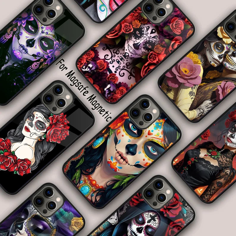 Colourful Mask Mexican Girl La Catrina Magnetic Phone Case For iPhone 16 14 13 12 11 Pro Max 15 Plus Wireless MagSafe Cover