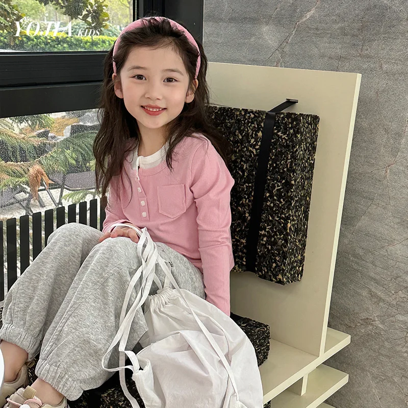 

Топ, искусственная футболка из двух предметов для девочек, детская весенне-осенняя новая модная удобная однотонная универсальная милая корейская футболка