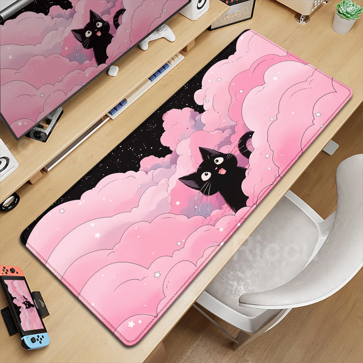 

XXL Office Table Protection Mat Rubber Mousepad 40x90cm Black Cat Lock Edge Keyboard Pad Cute Pink Purple Cloud Extended Deskmat