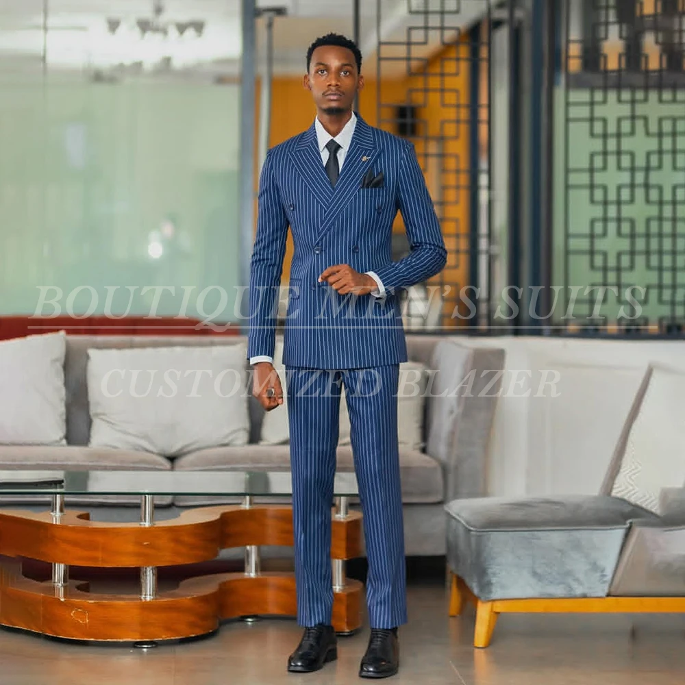 Abiti da uomo gessati personalizzati Abiti formali doppiopetto con risvolto a punta Slim Fit Abbigliamento maschile Set di pantaloni da giacca in 2 pezzi di alta qualità