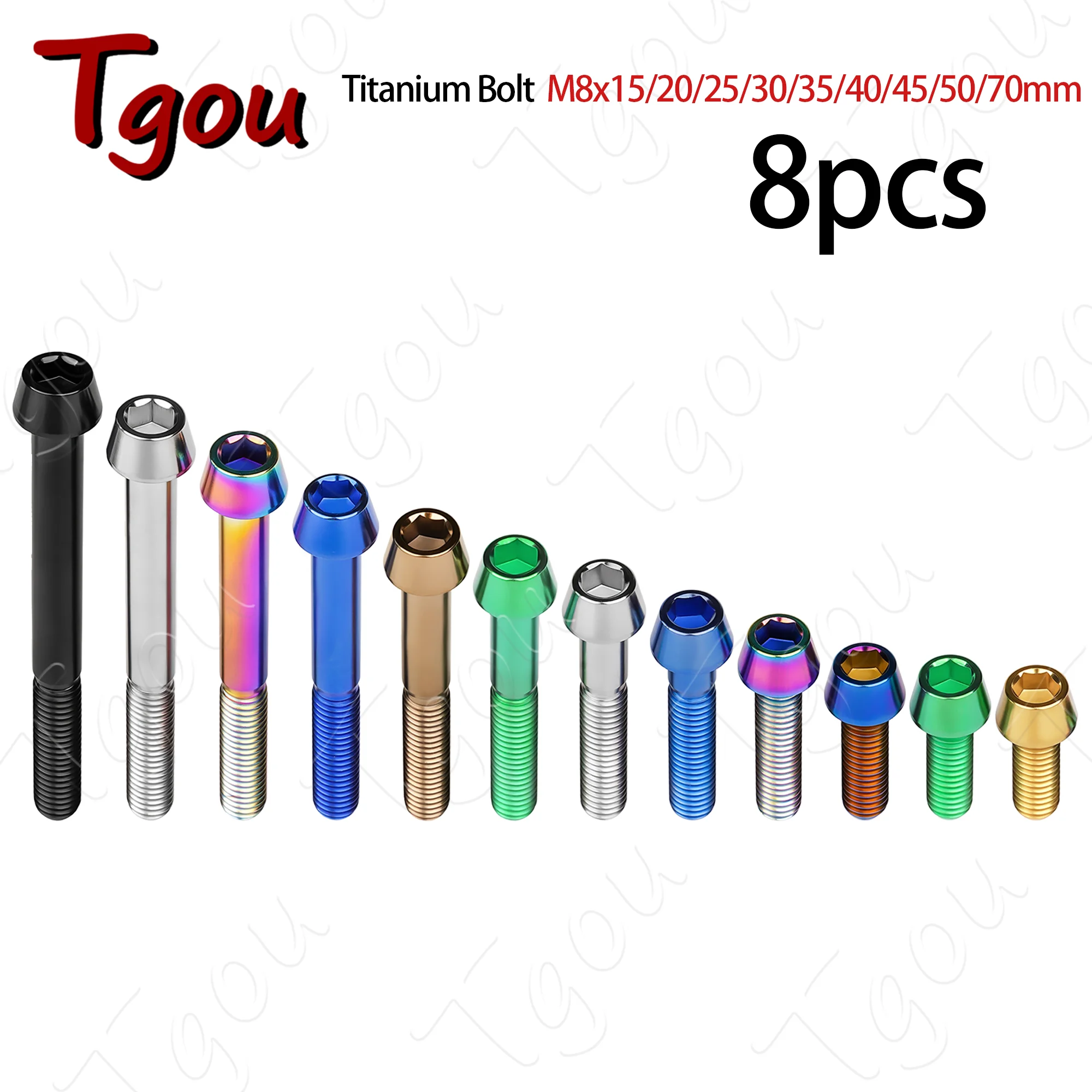 Tgou Titanium Bolt M8x15/20/25/30/35/40/45/50/60/70mm Hex Taper Head Screws for Bicycle Motorcycle Car Grade 5 8pcs