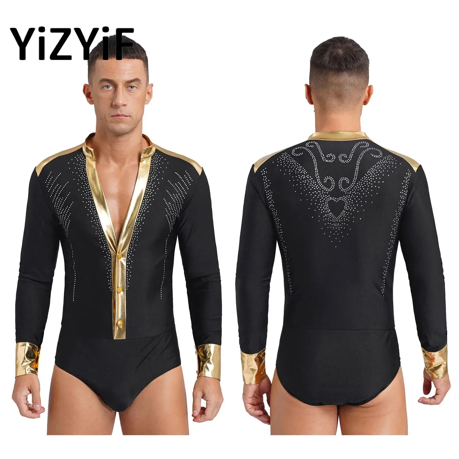 

Men Figure Skating Dance Leotard Deep V Neck Patchwork Rhinestones Bodysuit for Jazz Latin Modern Dancewear Rhythmic Gymnastics