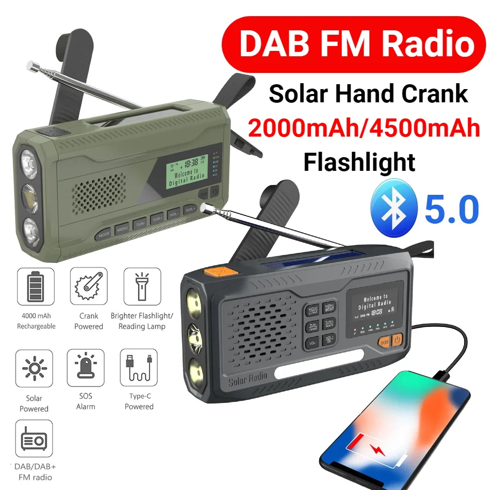 Portable DAB FM Radio with Flashlight BT Speaker Emergency Radio Hand Crank Radio for Emergency Camping Storm Survival