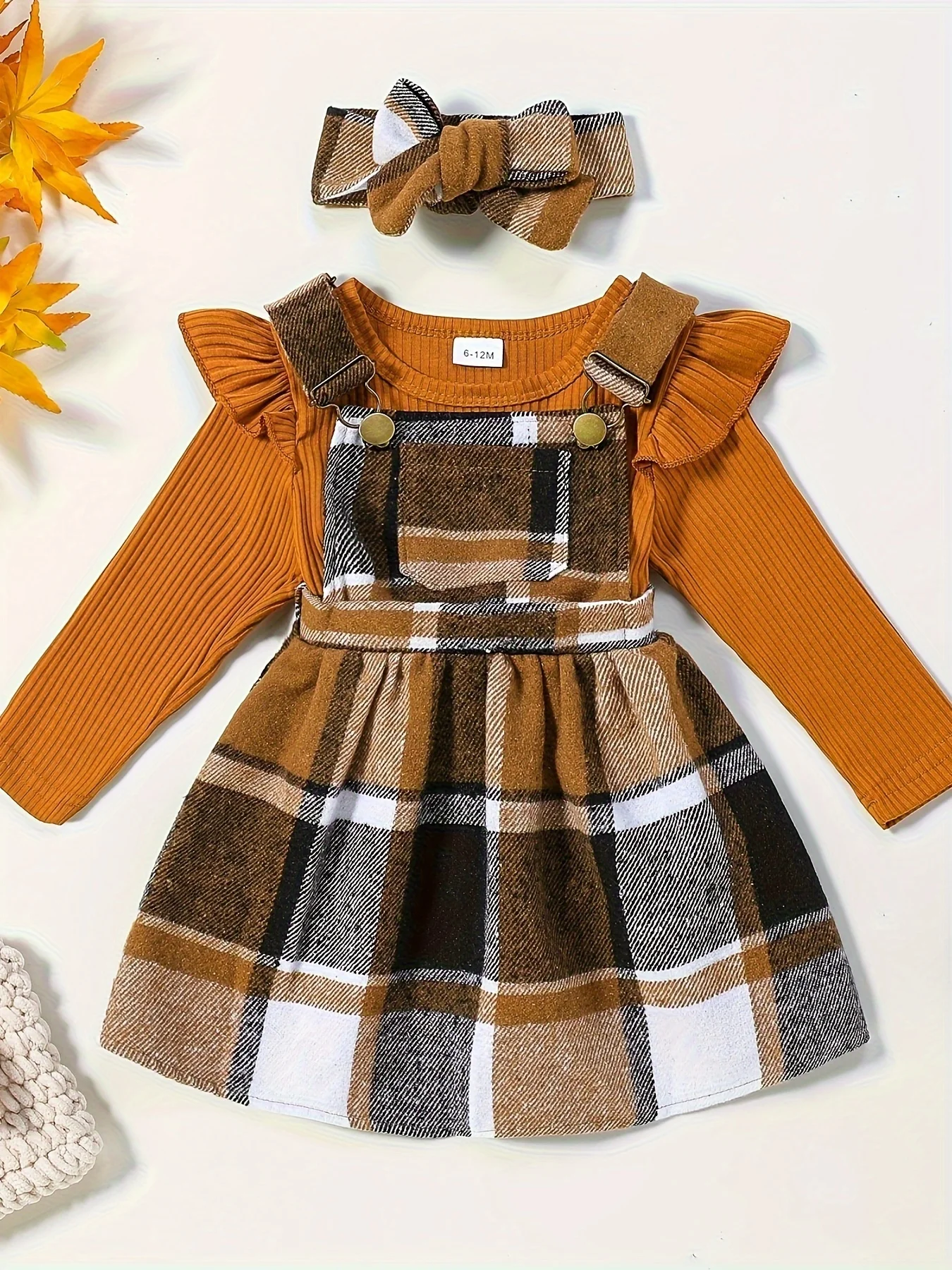 مجموعة تنورة للفتيات الصغيرات، مجموعة تنورة بحمالات منقوشة بأكمام طويلة، ملابس شتوية للفتيات الصغيرات #3