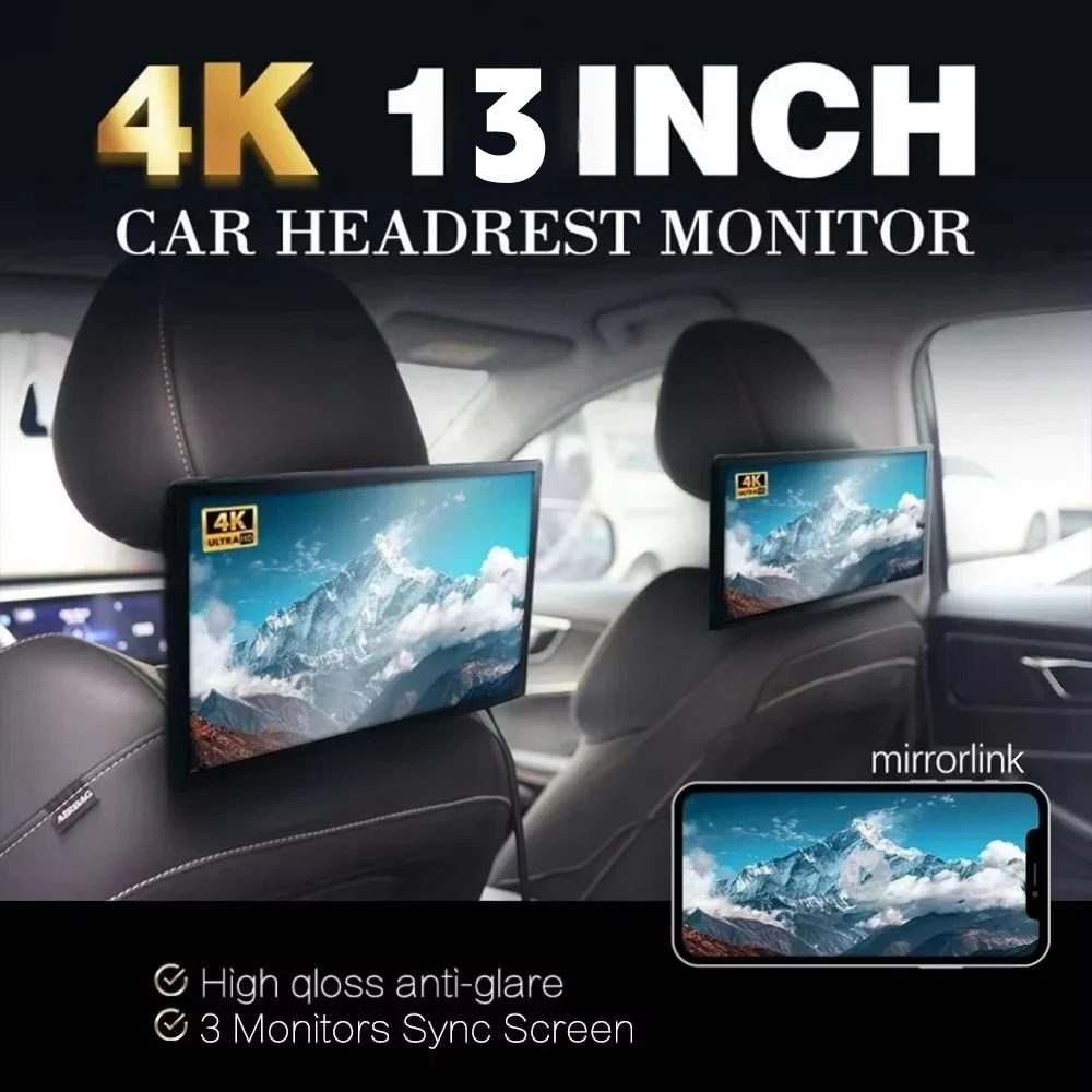 2026  Android Auto Carplay  HD Screen 13inch Android 12 4/8 Core Dvd Player Mp5 Rear Seat Entertainment Car Headrest