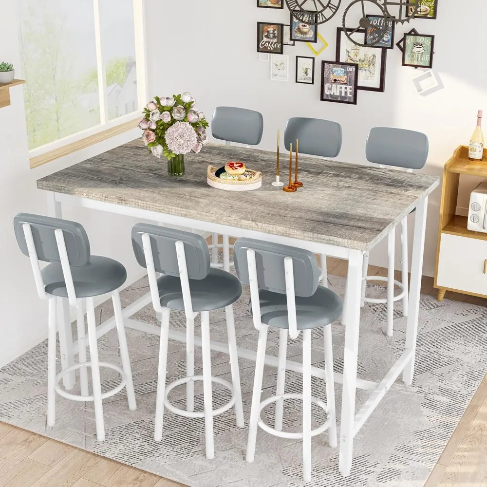 

7-Piece Dining Table Set, 50" Bar Table Set for 6 with MDF & Metal Frame, Tall Dining with 6 PU Leather Chairs, Saving Space Pu