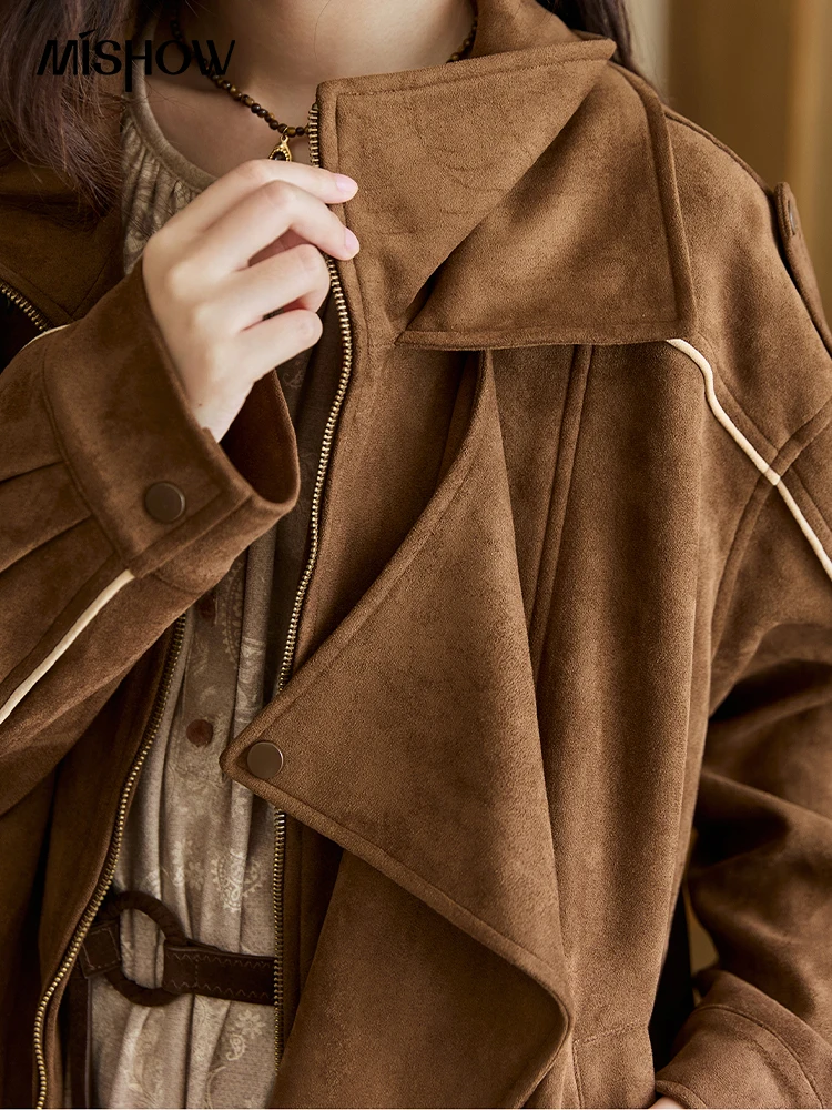 MISHOW Woman Retro Jacket 2025 New Split Turn Down Collar Brown Suede Short Loose Coat Commute Autumn Women Clothing MXE48W0850