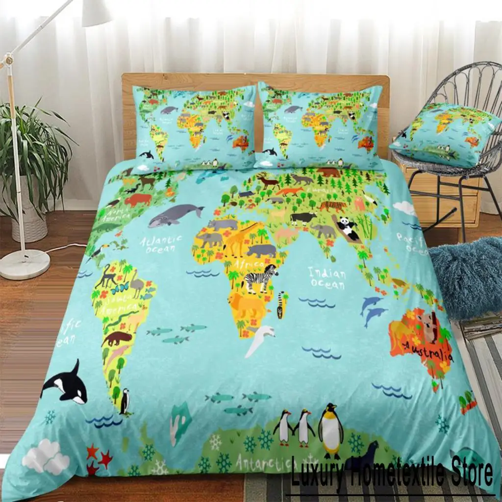 Cartoon Map Duvet Cover Set Map With Animals Sightseeing Attraction Bedding Boys Girls Animal Map Quilt Cover King Dropship