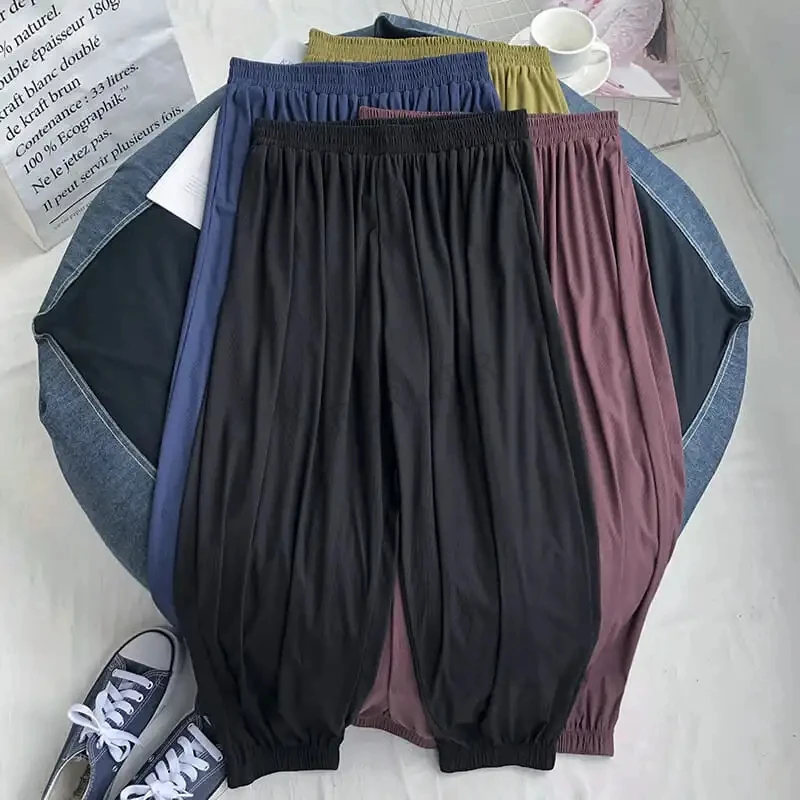 夏用のラージサイズのワイドレッグパンツ,無地,伸縮性,十分な,大きい,家庭用,6XL,150kg