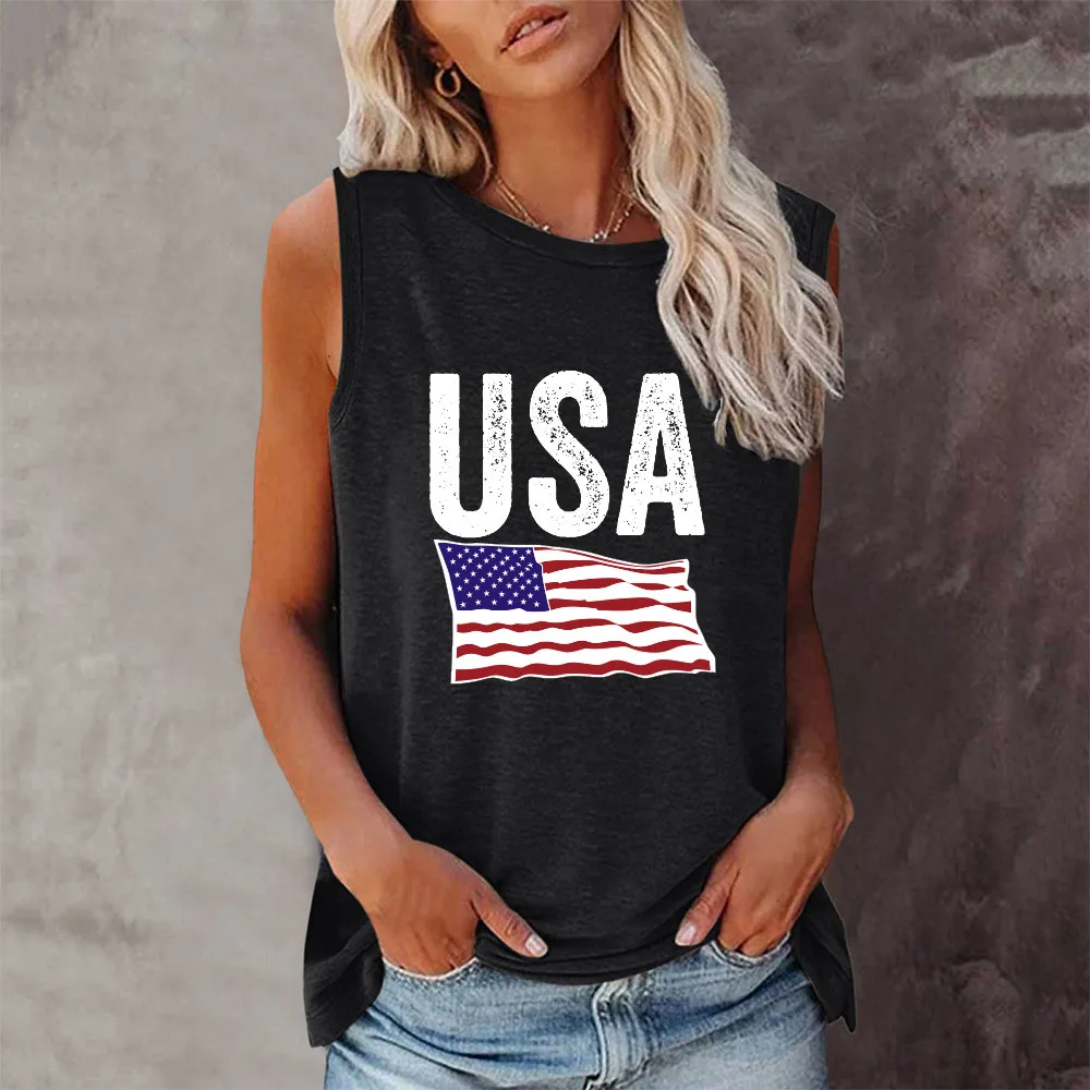 

Seeyoushy American Flag New Fashion Retro Trend Sleeveless Women's T-shirt Harajuku Sleeveless O-neck T-shirt Ropa De Mujer Tops