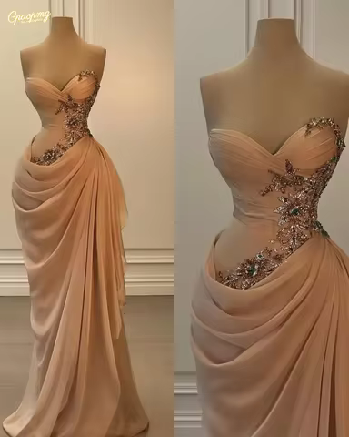 Customized Fashion Mermaid Prom Dress Crystal Sweetheart Neck Strapless Sleeveless Evening Dresses Pleats Ruched