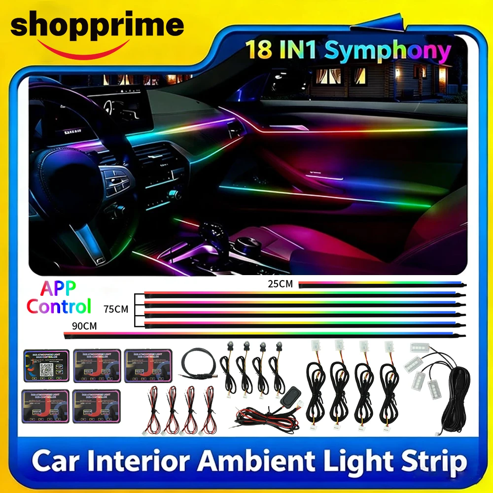 

Синхронизация музыки, окружающий свет, интерьер автомобиля, окружающая полоса света, RGB, управление через приложение, комплект неонового освещения, атмосфера, декоративная лампа, симфония