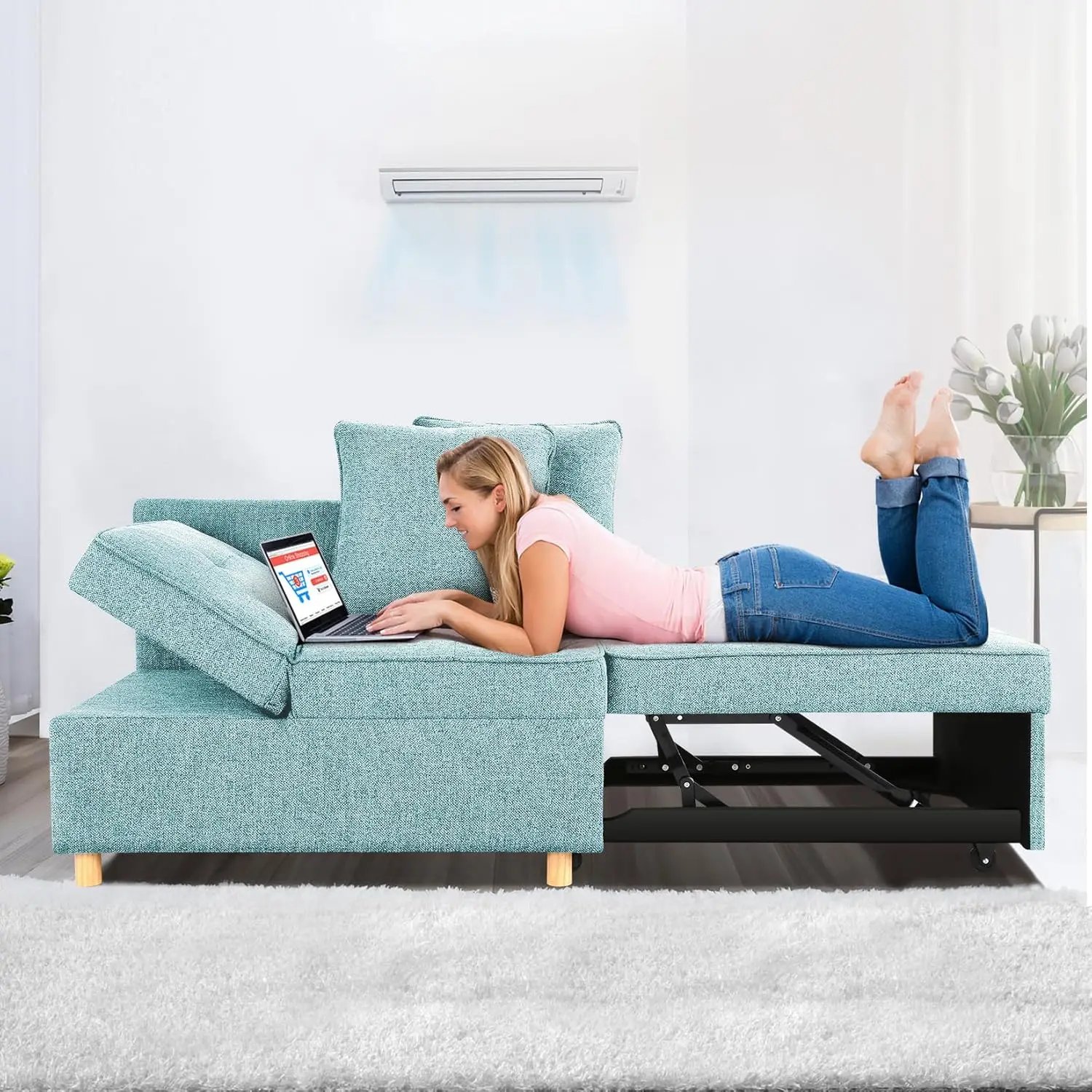 Sleeper sofa, four in one convertible sofa bed, modern blue line futon sofa with 2 pillows, foldable sofa seat, light blue