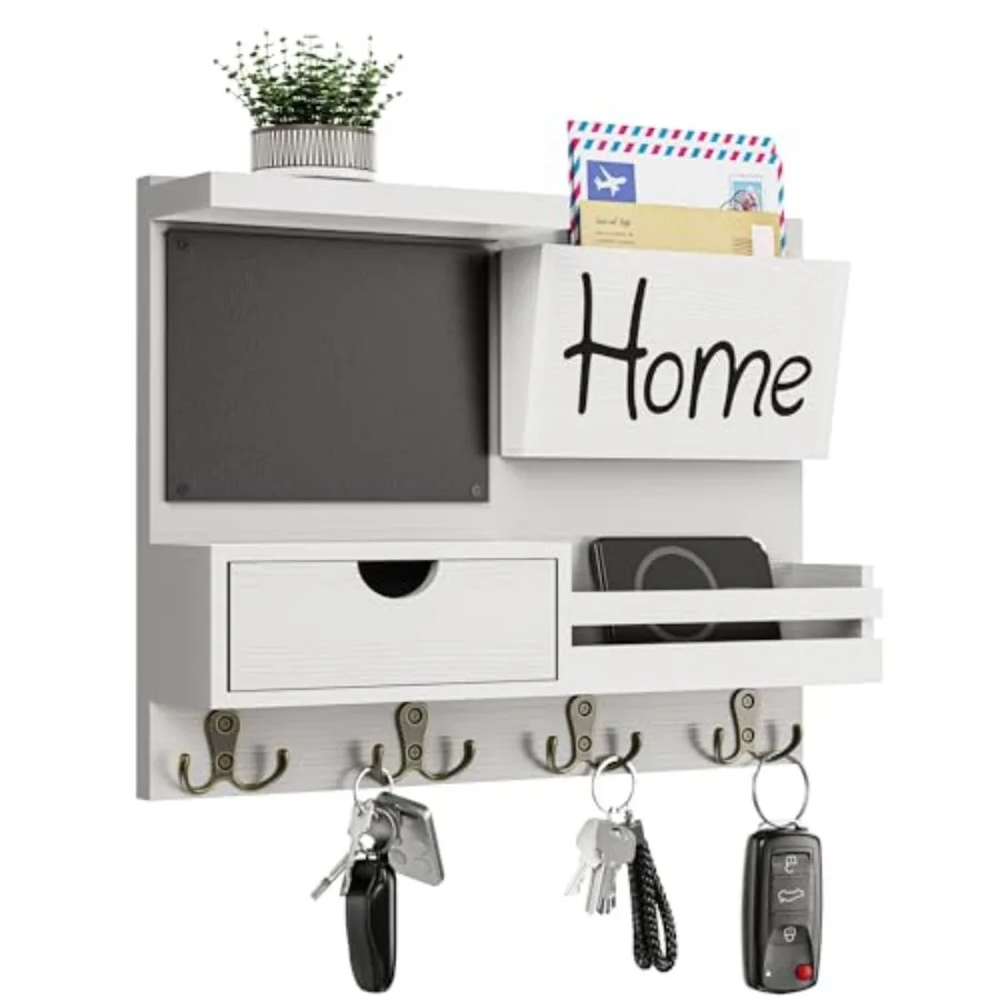 

Farmhouse Key Holder for Wall with Mail Organizer - Easy Installation Wall Mount Organizer Includes Chalkboard Drawer Wallet Ho