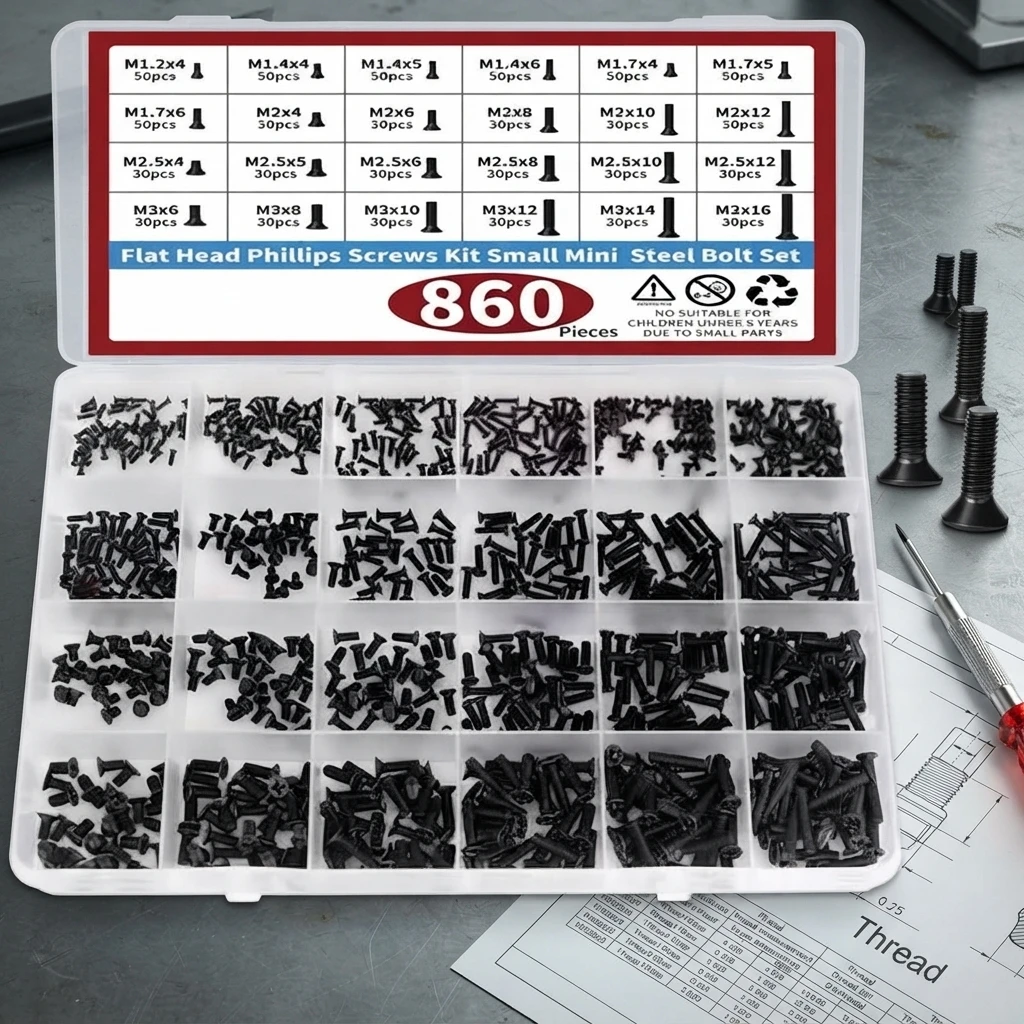 Kit d'assortiment de petites vis pour ordinateur 860 pièces, vis noires miniatures pour lunettes M1.2 M1.4 M1.7 M2 M2.5 M3 pour PC, ordinateur portable, SSD, disque dur C