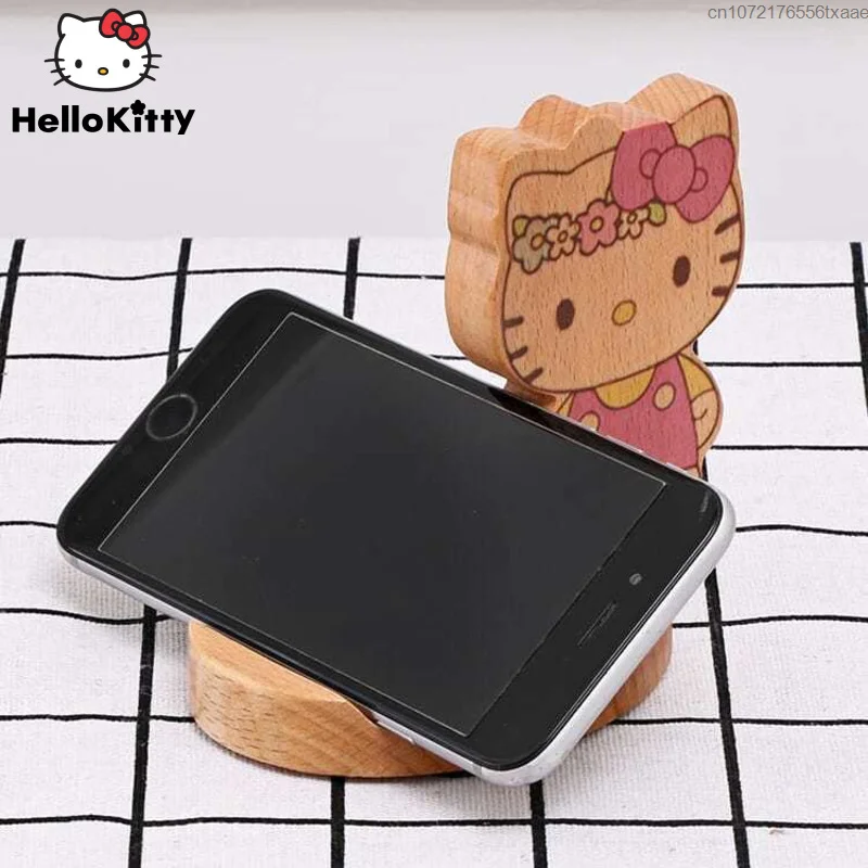 Sanrio Hello Kitty Cute Cartoon Mobile Phone Holder Y2k Girl Bedhead Desktop Support Solid Wood Phone Stand Lazy Live Necessary