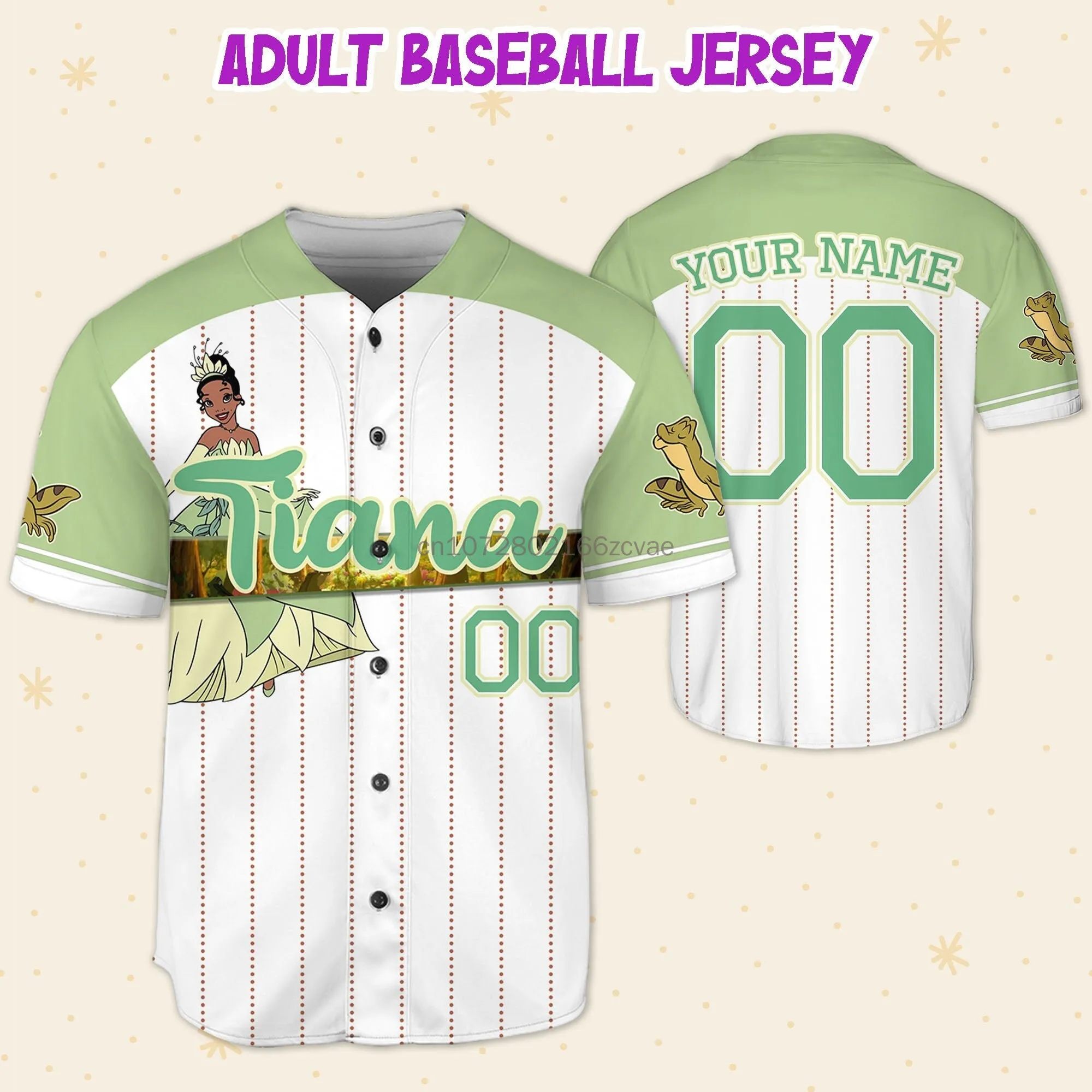 Disney Princess Tiana Baseball Jersey Men\'s Women\'s Kids Short Sleeve Button Jersey Disney Baseball Jersey Casual Sports Shirt