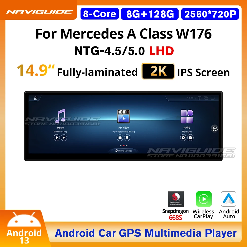 NAVIGUIDE 10.25'' 14.9'' Android 13 For Mercedes A Class W176 LHD 2013-2018 Wireless Carplay Auto Multimedia Player GPS Headunit