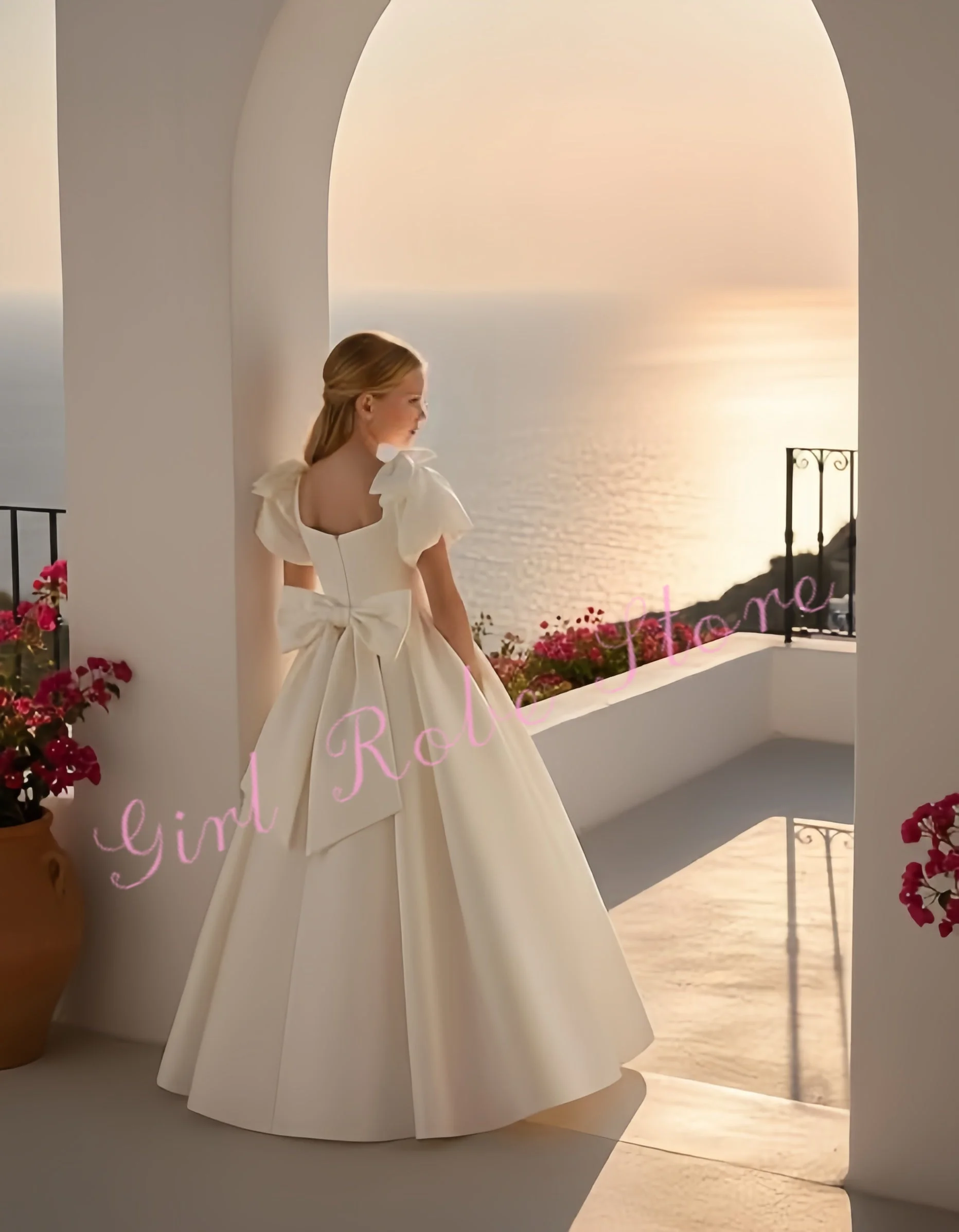 Quality Satin Ivory Flower Girl Dress For Wedding A-Line Floor Length With Bow Elegant Princess First Communion Gown Customized