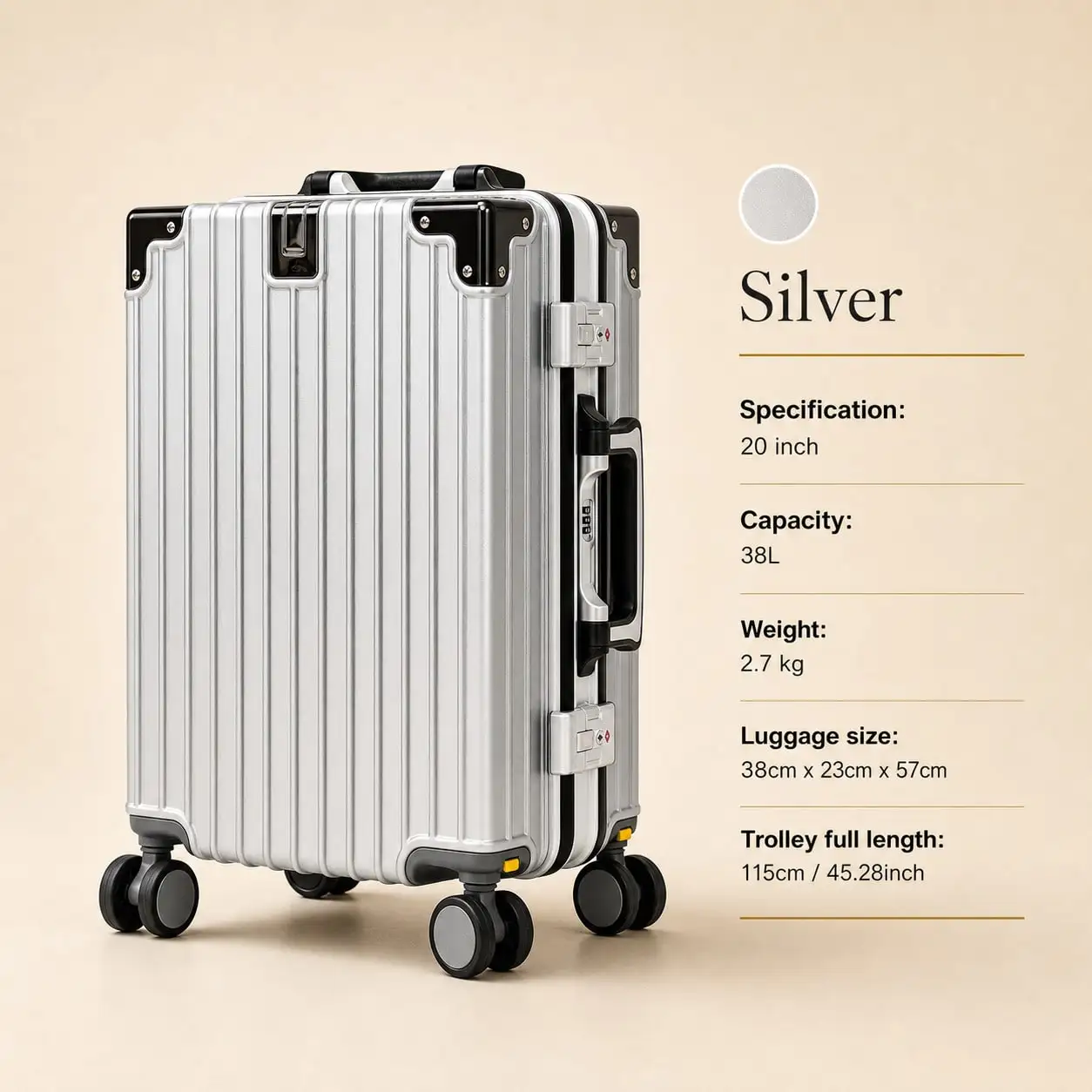 20" Carry On Luggage Airline Approved, PC Hard Shell Travel Suitcase, Aluminum Alloy Frame, 360 Degree Spinner Wheels, Built-in Cup Holder, Lightweight Hardside Cabin Trolley Luggage, Rolling Suitcase for Men Women, Ideal for Business Travel, Vacation,