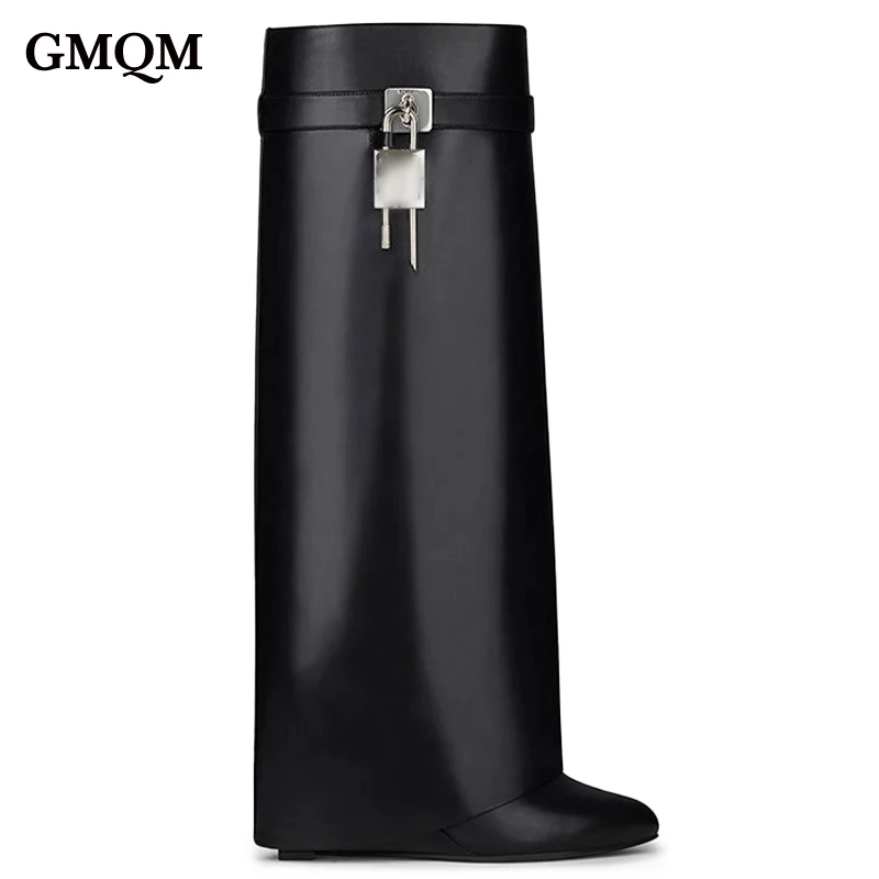 GMQM Brand Luxury New Knee High Women's Boots Shark Lock Metalic Genuine Leather Long Thick Soled High-heeled Designer Shoes