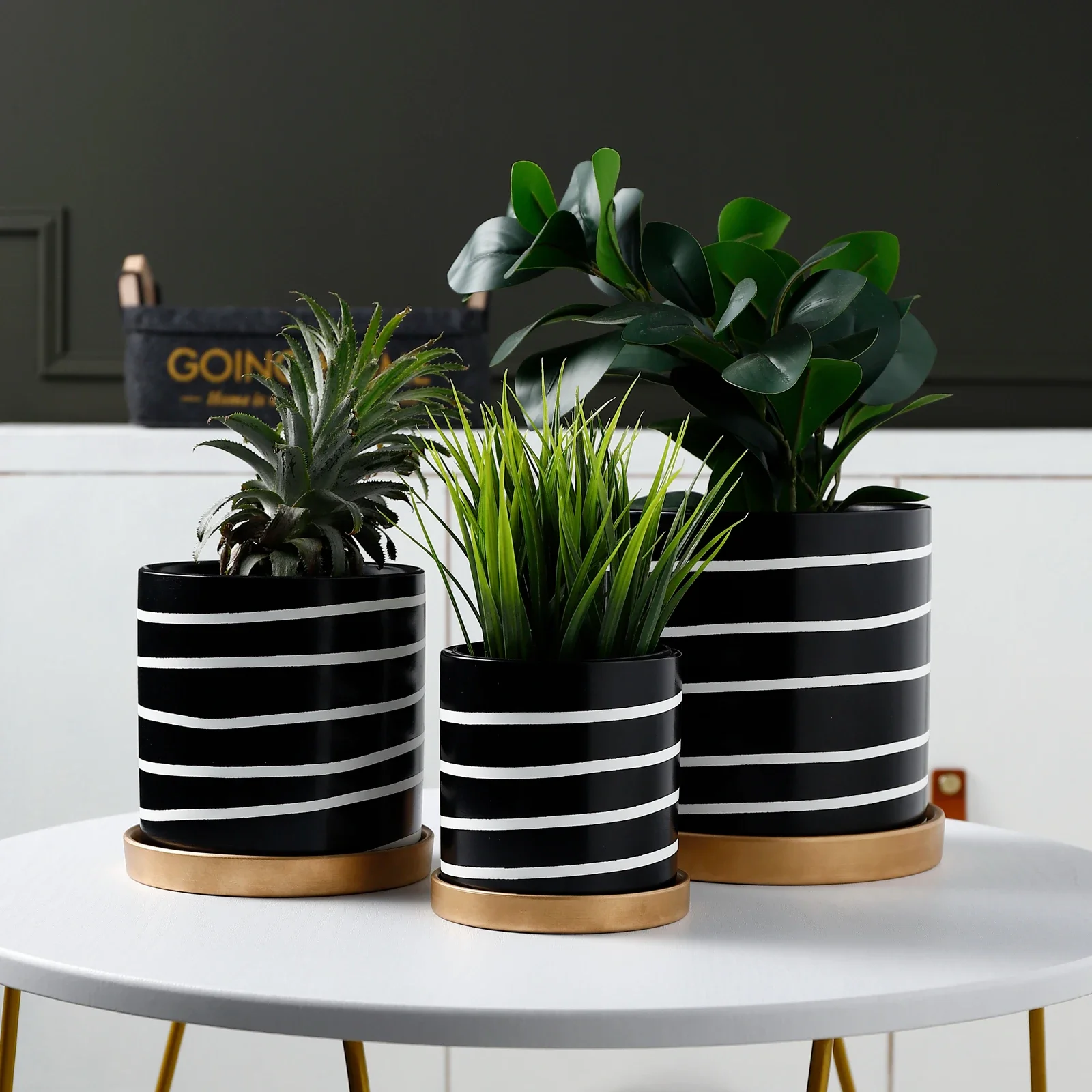 

Nordic Black and White Striped Ceramic Flowerpot Succulents Pot Plant Pot with Tray Home Office Christmas New Year Decoration